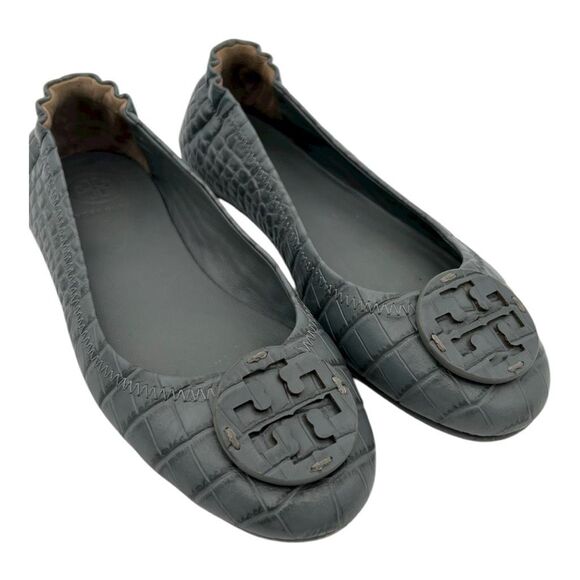Tory Burch Women's Leather Croc Embossed Minnie Travel Ballet Flats Gray Sz 5.5 - Picture 2 of 9